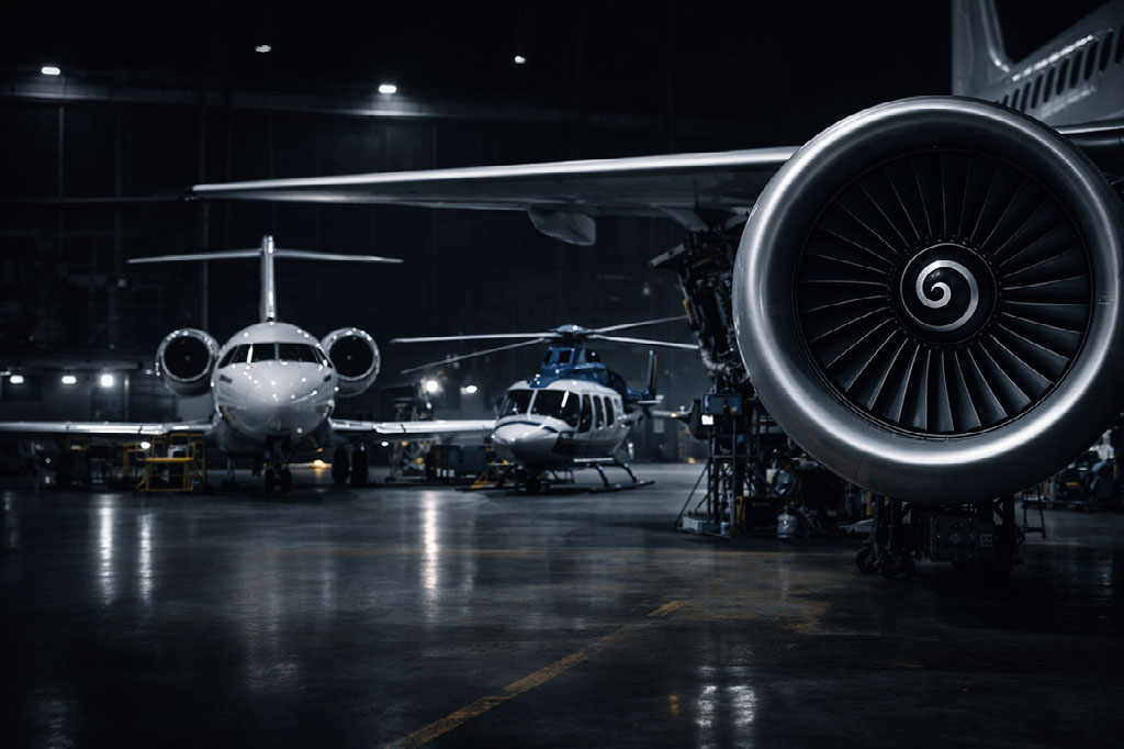 Business jets inside a maintenance hangar